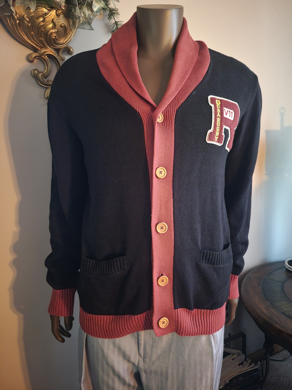 USA RUGBY Men's Shawl Collar Cardigan Sweater in Navy Blue and Dusty Rose